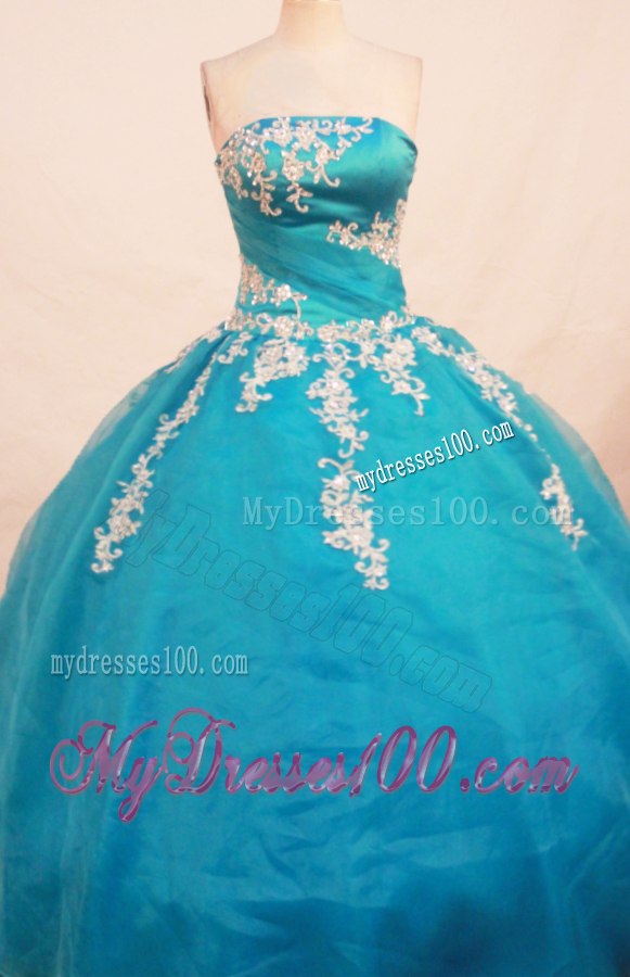 Popular Teal Appliques Hem Ball Gowm Quince Dresses for Cheap